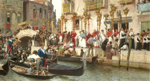 Ludwig Passini, Bridge on the Riva degli Schiavoni - A Procession in Venice