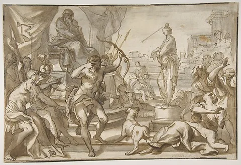 Domenico Piola, Male Figure with a Bow and Arrow Shooting at a Statue of a Woman with a Ball on her Head