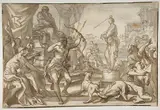 Domenico Piola, Male Figure with a Bow and Arrow Shooting at a Statue of a Woman with a Ball on her Head