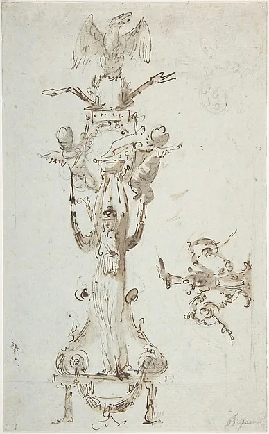 Giuseppe Bernardino Bison, Ornamental Design with Caryatid Figure Standing on Stool and Holding a Bowl; Puttis on the Sides Hold Drapery and Support Base with an Eagle; on the Right Side Decorative Figures with Acanthus surmounted by Flowing.