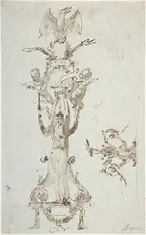 Giuseppe Bernardino Bison, Ornamental Design with Caryatid Figure Standing on Stool and Holding a Bowl; Puttis on the Sides Hold Drapery and Support Base with an Eagle; on the Right Side Decorative Figures with Acanthus surmounted by Flowing.