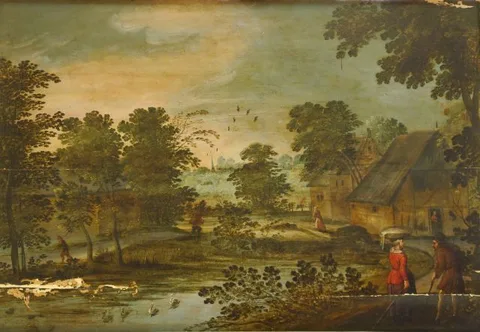 Jasper van der Lanen, Landscape with figures at the entrance of a village