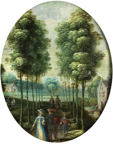 Jasper van der Lanen, Pair of gallant strollers walking through a tree-lined avenue