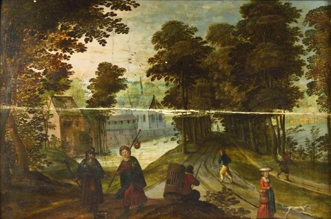 Jasper van der Lanen, Landscape with castle and figures on a country road.