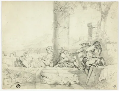George Cattermole, Children, Woman with Infant and Three Soldiers Sitting Among Ruins by Lake