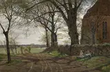 Carl Malchin, Early Spring: Dirt road at the village church Gressow, in the background Tressow castle near Wismar