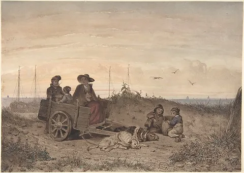 Jan Gerard Smits, A Fisherman's Family at the Beach, the Mother and One of the Children Sitting in a Cart