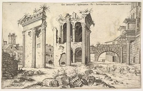 Hieronymus Cock, View of unidentified ruins with trabeated facade at left, arcades at center, and arch at right, from "The Roman Ruins" (Praecipua aliquot Romanae antiquitatis ruinarum monimenta, vivis prospectibus)