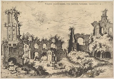 Hieronymus Cock, View of ruins on the Palatine Hill with trabeated facade at left and arcades at center, from "The Ruins of Rome" (Praecipua aliquot Romanae antiquitatis ruinarum monimenta, vivis prospectibus)