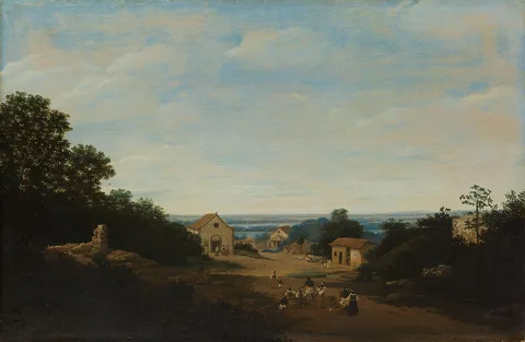 Frans Post, Brazilian landscape with the village of Igaraçú. To the left the church of Sts Cosmas and Damian