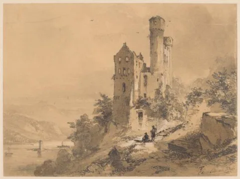 Theodor Verhas, Wandelaars bij de ruïne Ehrenfels aan de Rijn