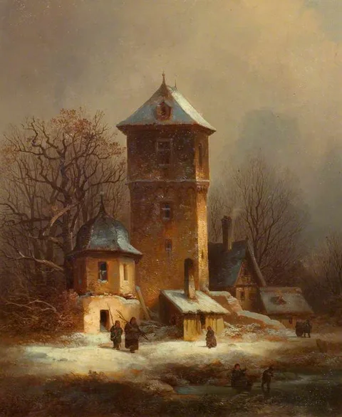 Theodor Verhas, Snow Scene with Buildings and a Tower
