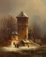 Theodor Verhas, Snow Scene with Buildings and a Tower