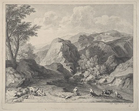 Joseph Wagner, Mountainous landscape with herdsmen and cows