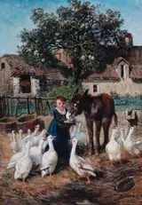 Giuseppe Palizzi, A Child Feeding a Donkey in a Farmyard