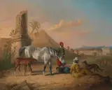 George Henry Laporte, Grey Arabian mare and foal, with a family