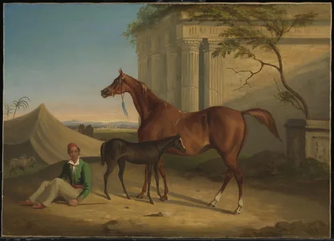 George Henry Laporte, Arab Mare and Foal with Attendant by a Ruined Temple