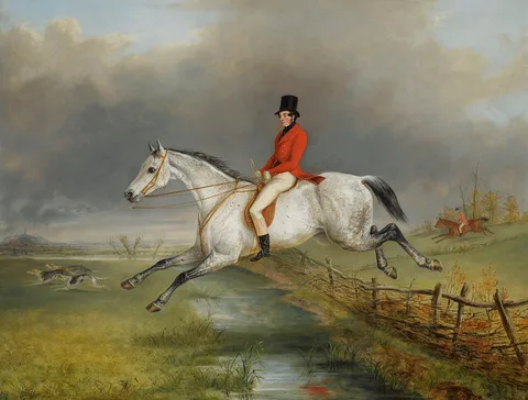 George Henry Laporte, A Master of the Royal Buckhounds Clearing a Fence on a Grey Hunter