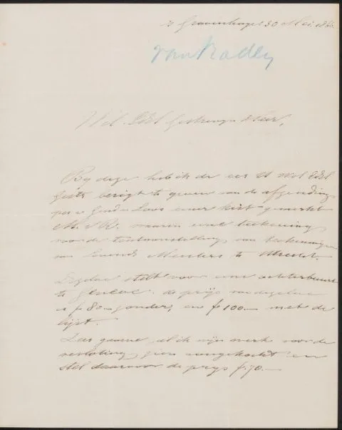Marinus van Raden, Brief aan Pieter Verloren van Themaat, secretaris van de Commissie van de Tentoonstelling van Levende Meesters in Utrecht