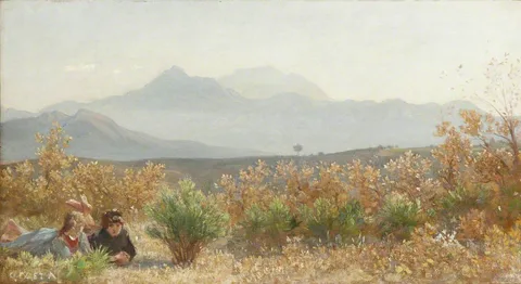 Giovanni Costa, Two Figures Lying in Shrubby Moorland with Mountains in the Distance