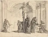 Johann Heinrich Schönfeld, A Crucifix in a Church with Saints Thomas Aquinas, Mary Magdalene, Albertus Magnus, and Others