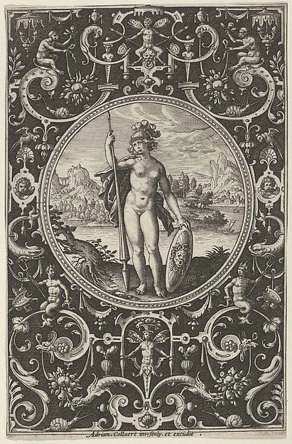Adriaen Collaert, Minerva in a Decorative Frame with Grotesques, from the Judgment of Paris