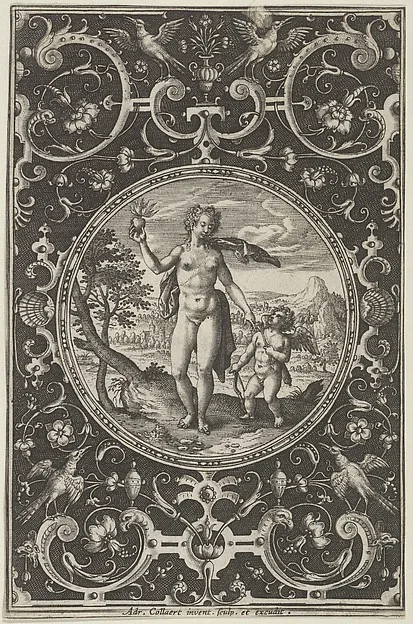 Adriaen Collaert, Venus and Cupid in a Decorative Frame with Grotesques, from the Judgment of Paris