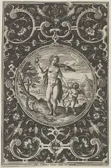 Adriaen Collaert, Venus and Cupid in a Decorative Frame with Grotesques, from the Judgment of Paris