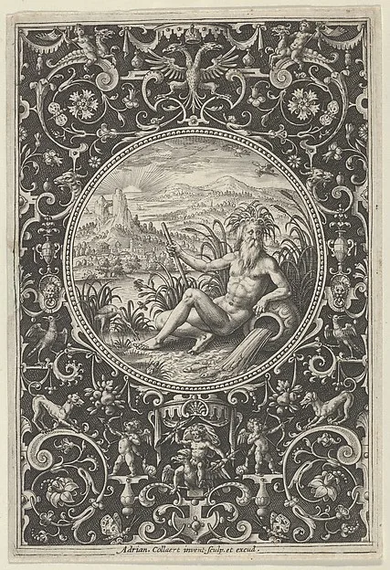 Adriaen Collaert, Neptune in a Decorative Frame with Grotesques, from the Judgment of Paris