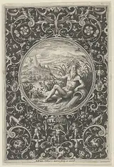 Adriaen Collaert, Neptune in a Decorative Frame with Grotesques, from the Judgment of Paris