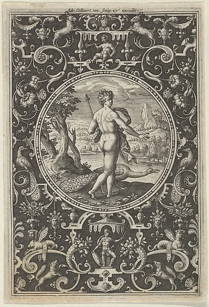 Adriaen Collaert, Juno in a Decorative Frame with Grotesques, from the Judgment of Paris