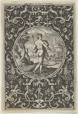 Adriaen Collaert, Juno in a Decorative Frame with Grotesques, from the Judgment of Paris