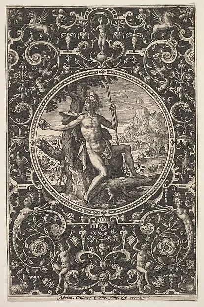 Adriaen Collaert, Paris in a Decorative Frame with Grotesques