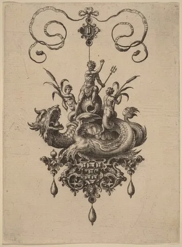 Adriaen Collaert, Design for a Pendant with a Sea-Monster Carrying Neptune Flanked by Two Nereids