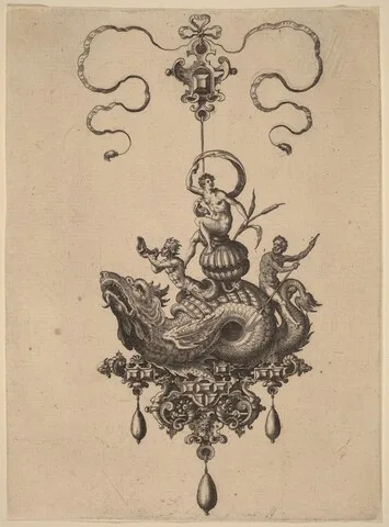 Adriaen Collaert, Design for a Pendant with Sea-Monster Carrying a Woman on a Shell Flanked by a Triton and a Man with an Oar