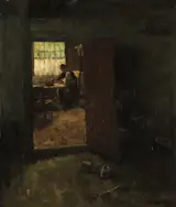 Jacob Simon Hendrik Kever, Domestic Interior with Country Woman and Child