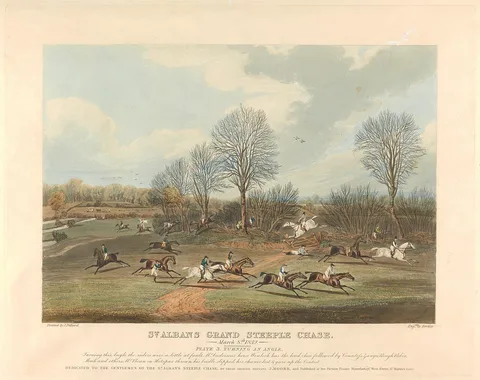 Charles Bentley, Steeple-chasing [set of six]: St. Albans Grand Steeple Chase. / 8 March 1832. Plate 3. Turning an Angle...