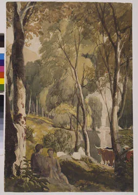 Cornelius Varley, Pastoral with Cattle and Figures in a Glade