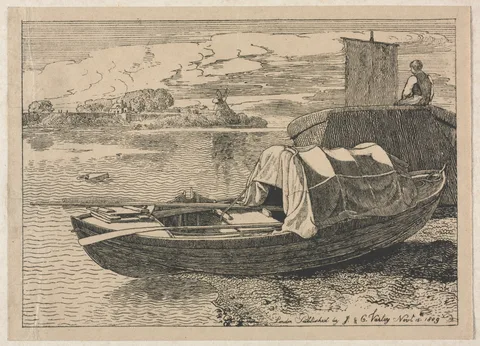 Cornelius Varley, Boats on a River, Windmill in Distance