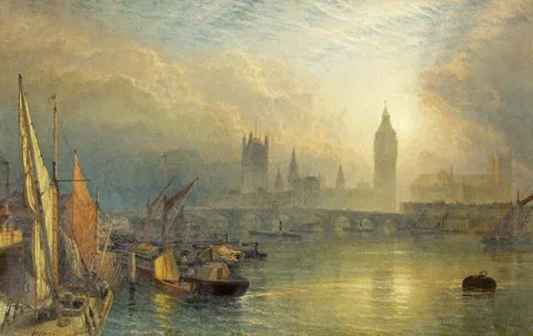 Henry Dawson, The New Houses of Parliament and the Thames (Sunset on the Thames near Westminster with the New Houses of Parliament)