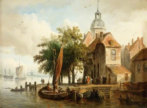 Willem Bodemann, Dutch Scene with Boats and Figures