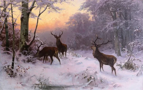 Arthur Thiele, Deer in a Winter Woodland