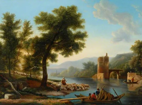 Frans Swagers, Landscape with a River, Boats, Sheep and a Tower