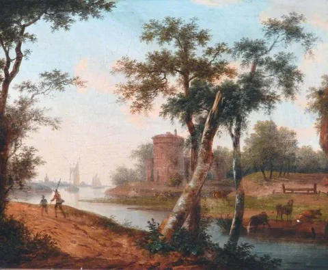 Frans Swagers, Landscape with River, Ships in the Distance