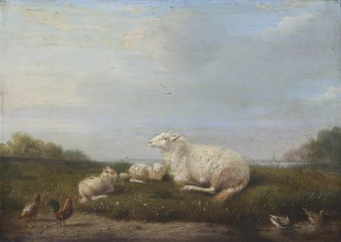 Franz van Severdonck, A Ewe and Two Lambs with Poultry in a Landscape