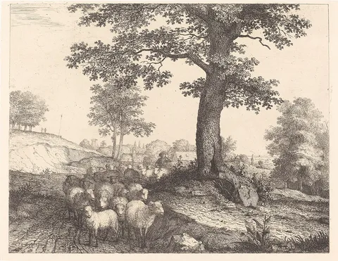 Florian Grospietsch, Shepherd and Flock under an Ancient Tree