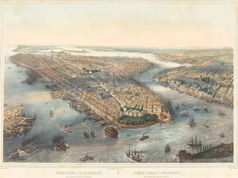 Théodore Müller, New York et Brooklyn - Vue prise au dessus dela batterie