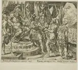Philip (Philips) Galle, Achior Pleading with Holofernes for the Israelites, plate one from The Story of Judith and Holofernes