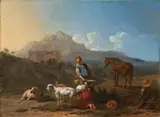 Karel du Jardin, Italian Landscape with Girl milking a Goat