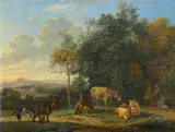 Karel du Jardin, Landscape with Two Donkeys, Goats and Pigs